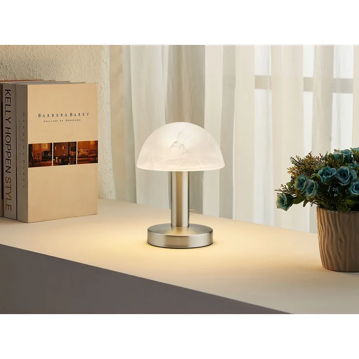 LED Tischleuchte Silber mit Glasschirm Weiß, Touch dimmbar, Höhe 21cm