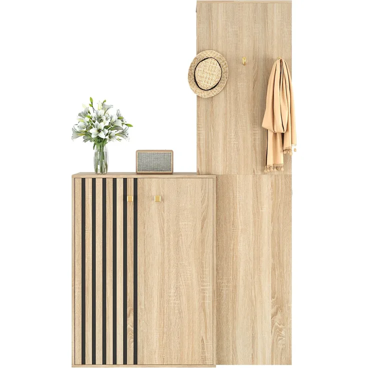 Moderne Flurgarderobe mit Stauraum,Garderobenset, Kompaktgarderobe,Schuhschrank,Flurgarderobe,mit Kleiderhaken,Kleiderstange, für den Flur--Natürlich--115x38.5x191.5cm--YOUDENOVA