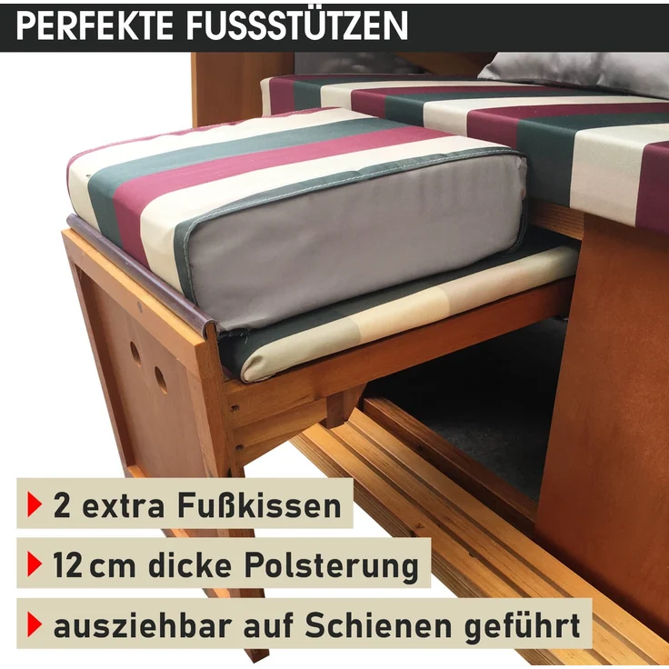 BRAST Strandkorb Usedom 3-Sitzer XXL für 2-3 Personen 165cm breit inkl. wetterfeste Abdeckhaube verstellbare Rückenlehne Fußkissen Rot/Grün/Beige - kariert – Bild 9