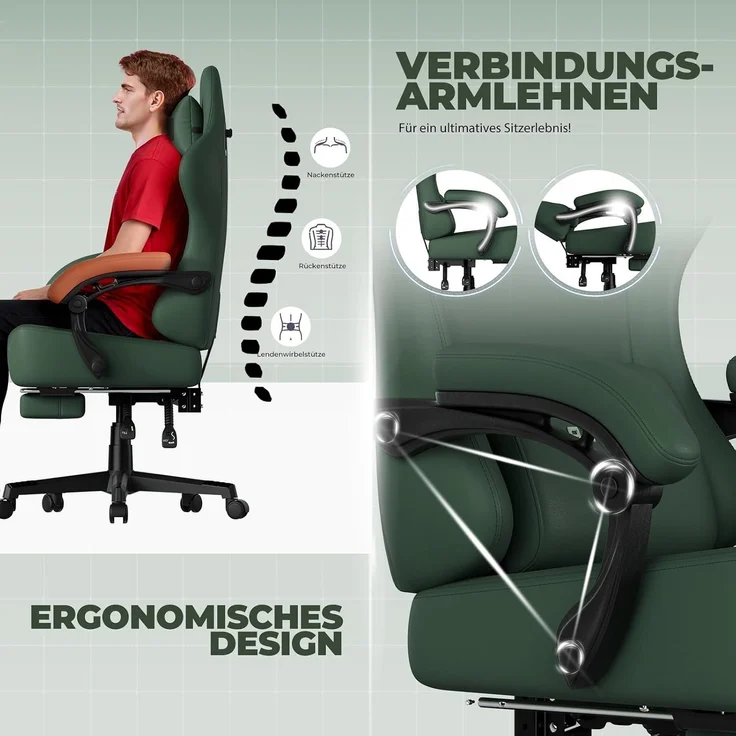 GTPLAYER Gaming-Stuhl Atmungsaktiver Bürostuhl, ergonomisch Hochwertiger - Stoff/Kunstleder, 160° Verstellbare Rückenlehne und ausziehbare Fußstütze – Bild 6