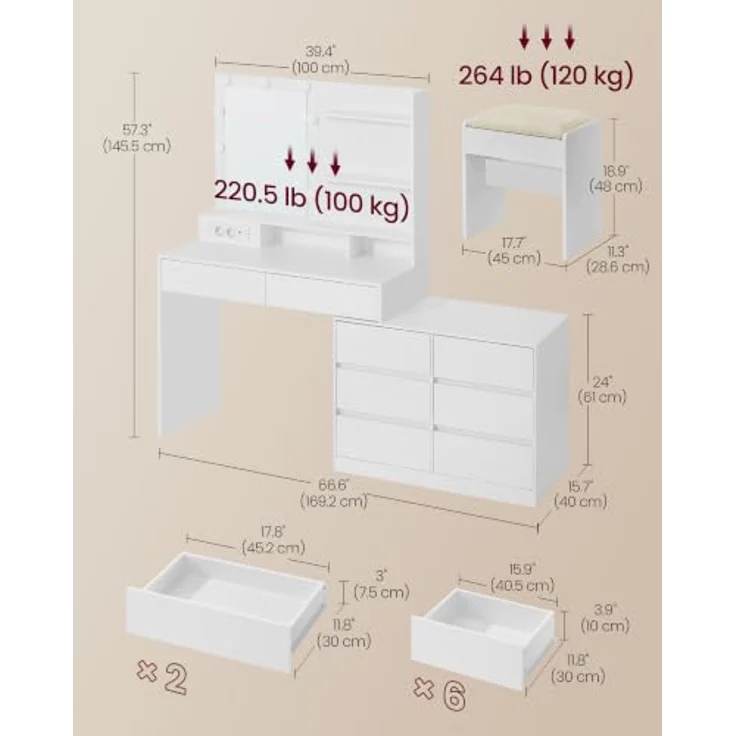 VASAGLE Schminktisch mit Beleuchtung und Hocker Set | Kosmetiktisch in L-Form mit 8 Schubladen und Steckdose, für Schlafzimmer, KAILYN Kollektion RDT140WB01-02 – Bild 3
