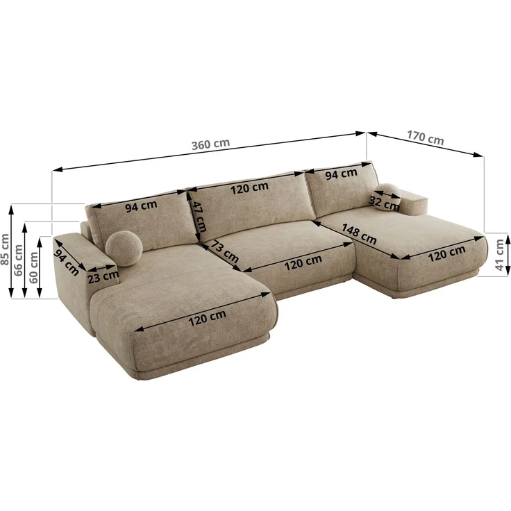 XXL Wohnlandschaft RINA U-Form 360 cm breit, Sofa mit Schlaffunktion & DL-Mechanismus, Wellenfederung, modern freistehend - Beige Schenille grob gewebt – Bild 7