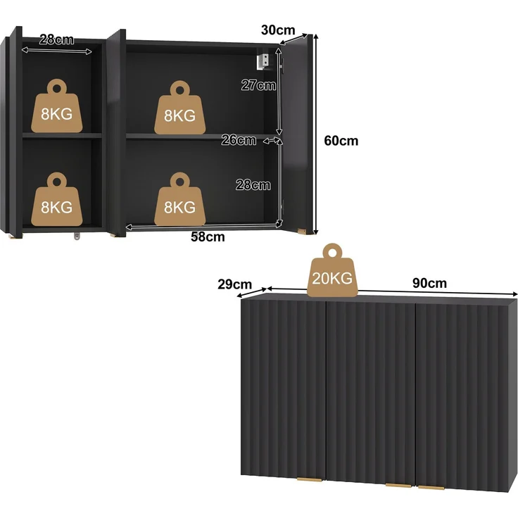 Küchen-Wandschrank 90 x 29 x 60 cm in Schwarz mit 3 Türen und strukturierten Fronten – Bild 5