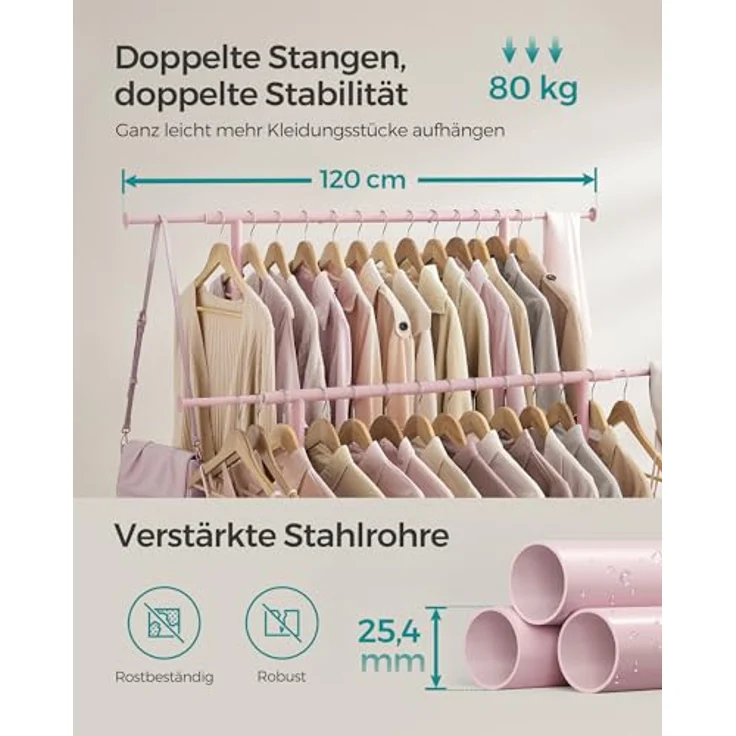 Songmics Kleiderständer auf Rollen, doppelte Stangen, ausziehbare Kleiderstangen, Garderobenständer aus Stahlrohren, bis 80 kg belastbar, 83-120 cm breit, Pastellrosa – Bild 5