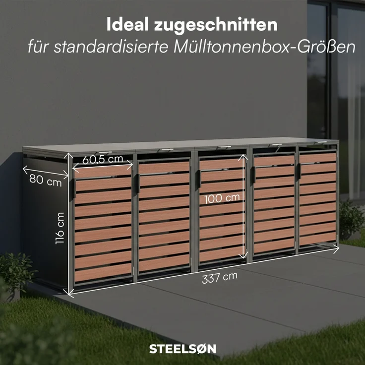 STEELSØN 'Kestra' Mülltonnenbox 5er je 240 Liter, graphitschwarz mit Nußbaum-Holzoptik, Mülltonnenverkleidung aus Stahl, wetterfest, 116x80x337 cm, Müllbox für 5 Tonnen – Bild 5