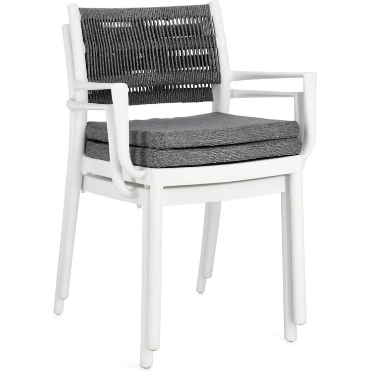 Gartenstuhl Alvin mit Armlehne, Metall und Polyester, modern, weiß dunkelgrau, stapelbar, inkl. Kissen – Bild 8