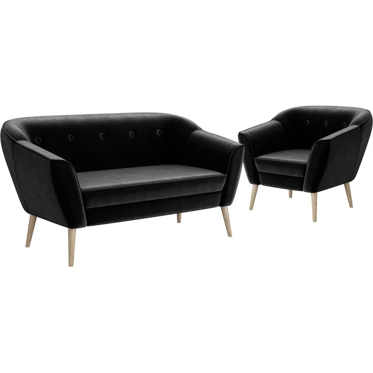 MEBLINI Mini Sofa Set 2-1 für Wohnzimmer - Mini Lounge für drei Personen - Küchensofa - Sofa Klein - Sitzgarnitur - Polstergarnitur - Sofagarnituren - DORIS - 2+1 - Schwarz Samt