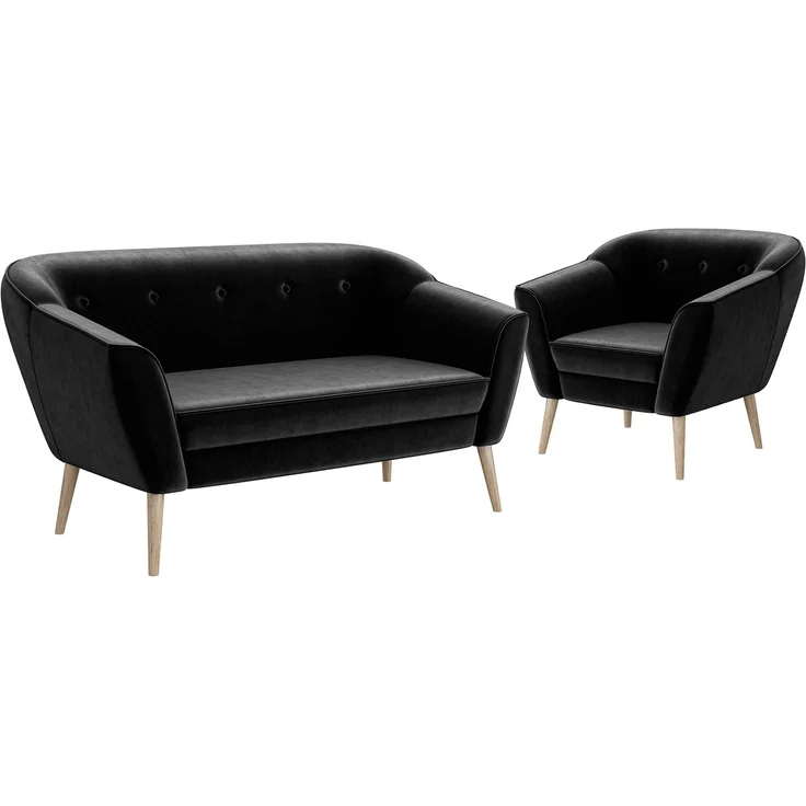 MEBLINI Mini Sofa Set 2-1 für Wohnzimmer - Mini Lounge für drei Personen - Küchensofa - Sofa Klein - Sitzgarnitur - Polstergarnitur - Sofagarnituren - DORIS - 2+1 - Schwarz Samt – Bild 1