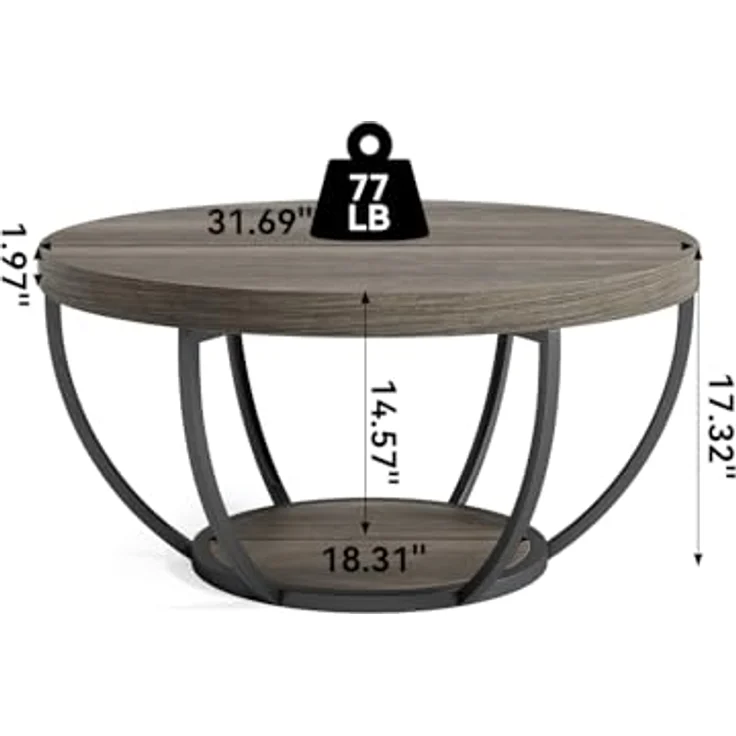 LITTLE TREE Runder Couchtisch, 81,3 cm, runder Couchtisch für Wohnzimmer, Mitteltisch aus Holz mit 2 Ebenen, mit offenem Stauraum, Wohnmöbel im industriellen Design (braun und schwarz) – Bild 3