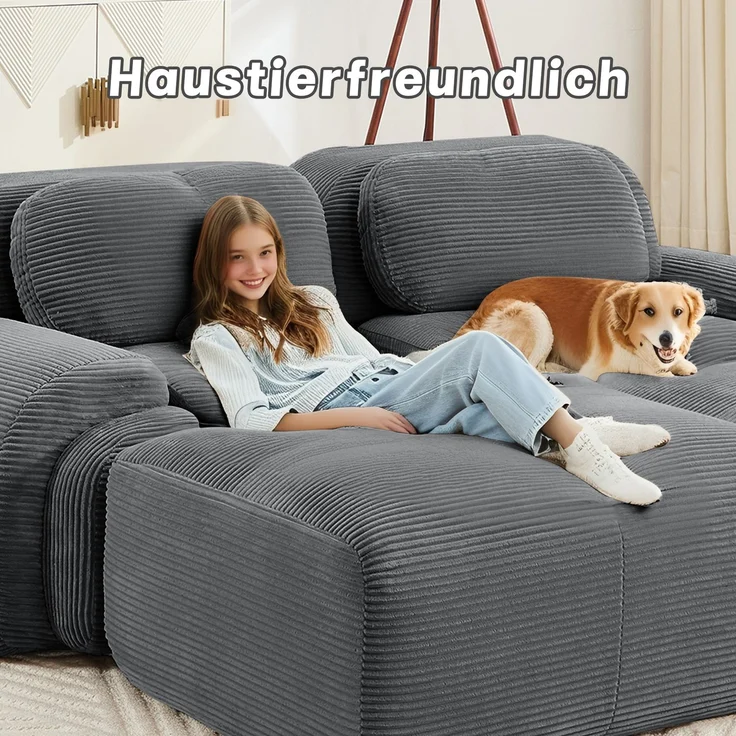 2-Sitzer Sofa 208×178×75 cm aus Cordstoff rahmenlos modular mit 1 Ottomane, grau – Bild 9
