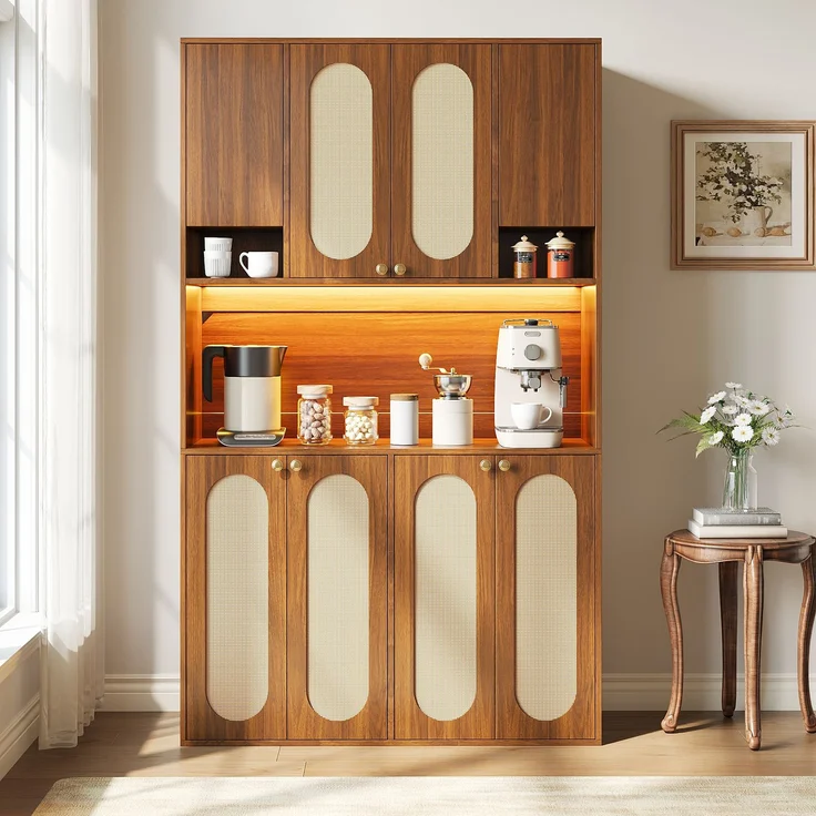 ZUBALIYA Sideboard (106 x 40 x 178 cm), LED - Beleuchtung, Gedämpftes Schließen, Fronten in Flechtoptik, Naturfarben – Bild 2