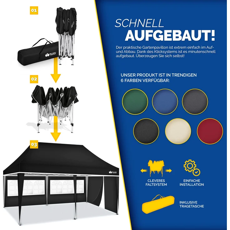 tillvex Pavillon 3x6m - mit 3 Seitenwänden Schwarz wasserdicht | Pop-Up Faltpavillon höhenverstellbar | Gartenzelt UV Schutz 50+ | Partyzelt mit Tasche für Garten – Bild 8