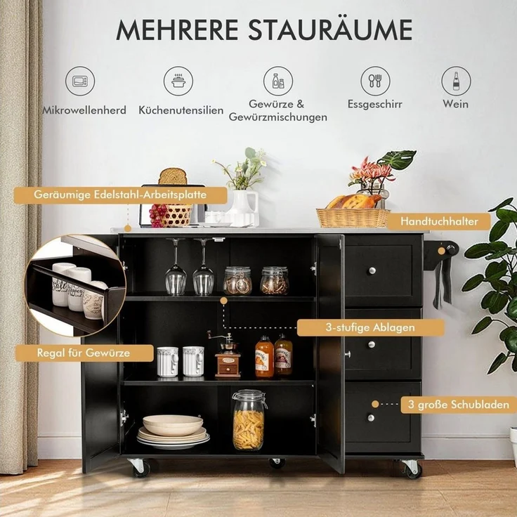 COSTWAY Küchenwagen, mit 3 Schubladen, Arbeitsplatte & verstellbarer Ablage – Bild 2