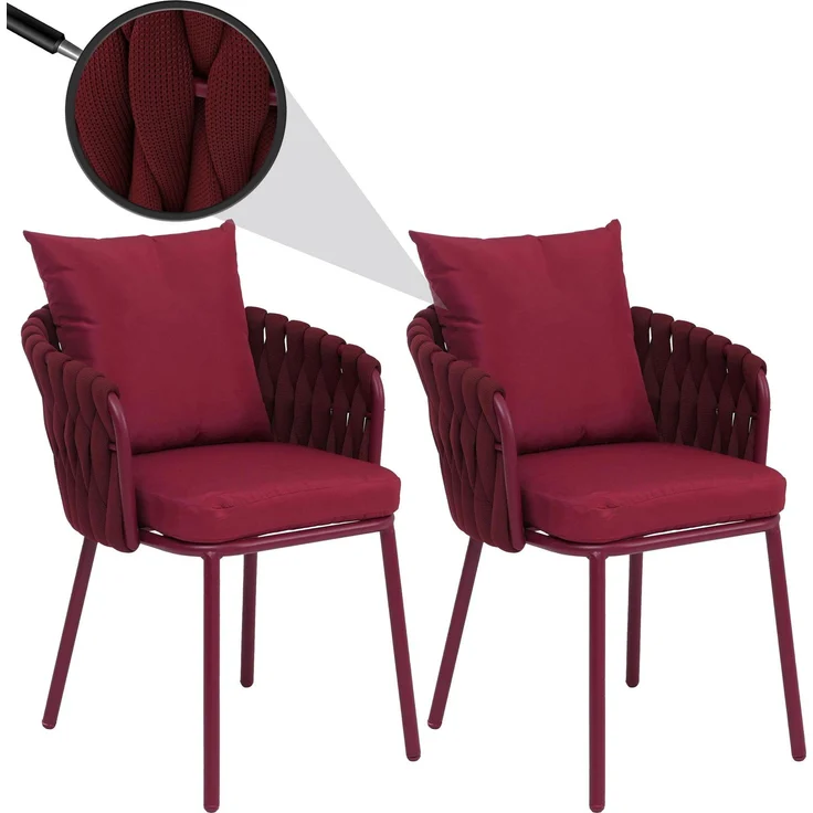 2er-Set Aluminium-Esszimmerstuhl HWC-P89, Indoor Stuhl Armlehne, Stoff/Textil (180 g/m²) Seilgeflecht Rope ~ bordeaux – Bild 1