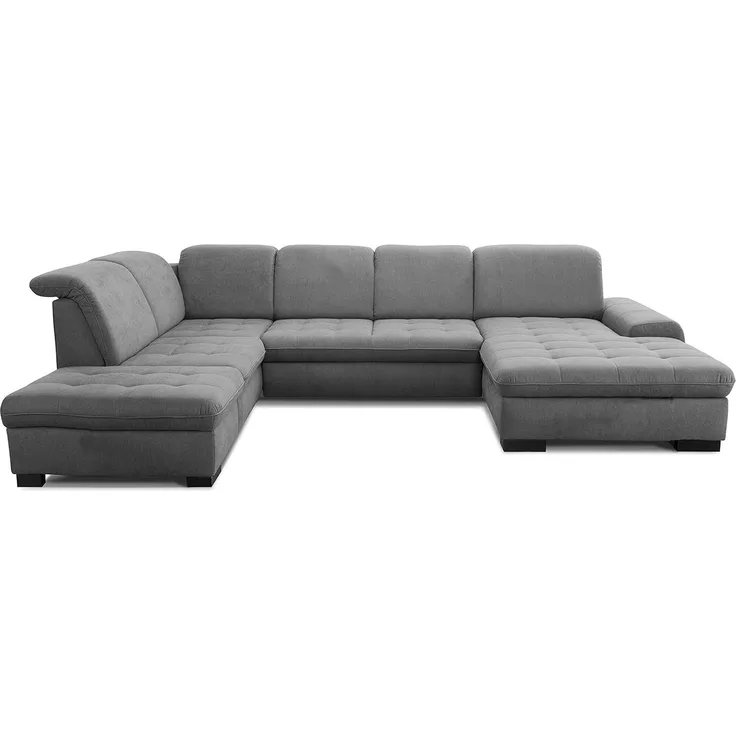 CAVADORE U-Form Lexi mit XXL-Longchair / Inkl. Bett, Bettkasten, Stauraum und Kopfteilfunktion / Leichte Fleckenentfernung dank Soft Clean / 329x82-99x224 / Flachgewebe: Grau