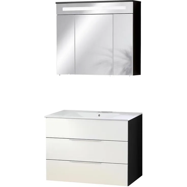 FACKELMANN KARA Waschtisch Set mit Spiegelschrank 80 cm breit, Weiß/Anthrazit, Waschbecken Keramik Weiß, 2 Schubladen