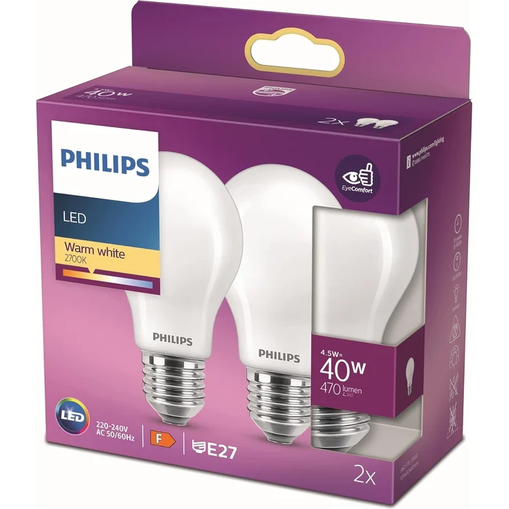 Philips LED-Lampe Classic Standard 4,5W/827 (40W) Frosted 2-pack E27 – Bild 1