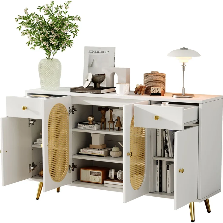 DESVIAE Sideboard mit 2 Schubladen und 4 Türen 140x82x35 cm Spanplatte Natur/Weiß – Bild 7