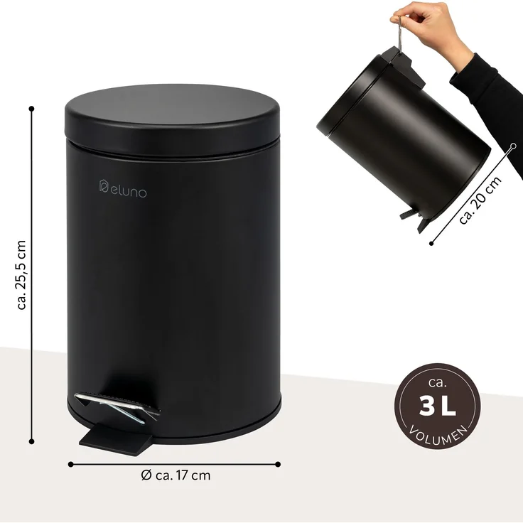 eluno Kosmetikeimer AGLIANO, Treteimer 3 Liter Fassungsvermögen, Metall, Schwarz, ca. 17 x 25,5 x 20 cm (B/H/T) – Bild 7