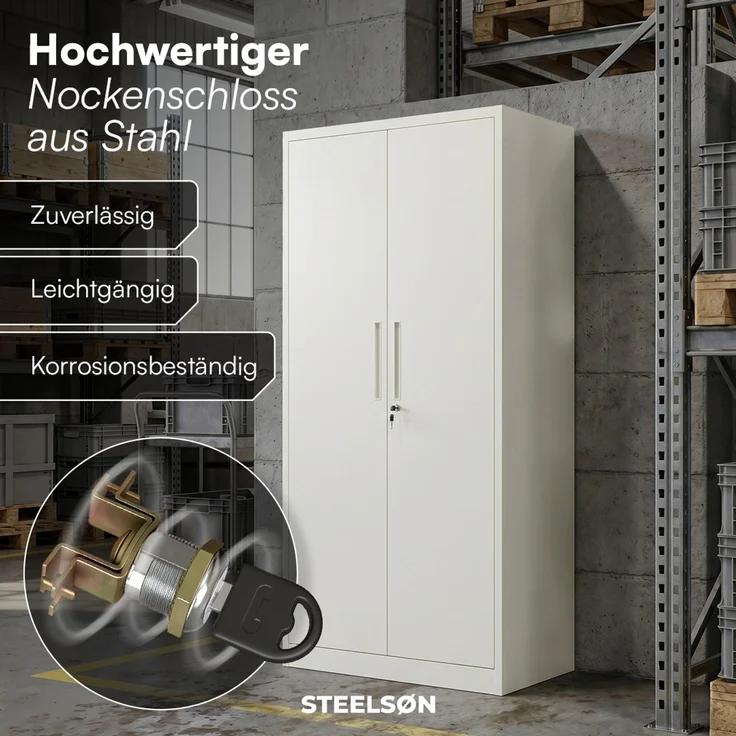 STEELSØN 'Regulus' Aktenschrank, Metall, weiß, 175x40x80 cm, abschließbar, Metallschrank mit 5 Fächern, geeignet als Werkzeugschrank – Bild 6