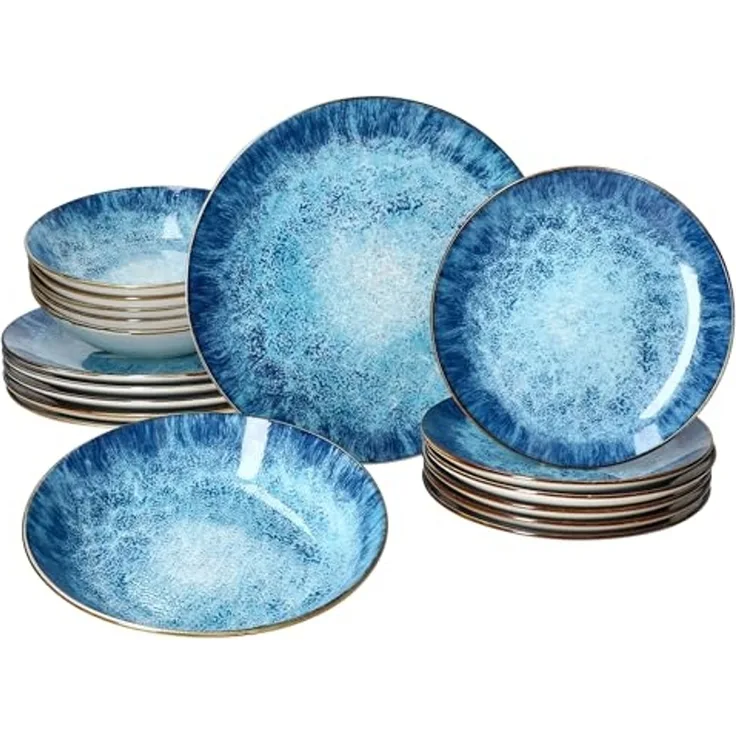 MamboCat Teller-Set Marina 18tlg Tellerset blaue 6 Pers Kuchenteller Speiseteller, Porzellan