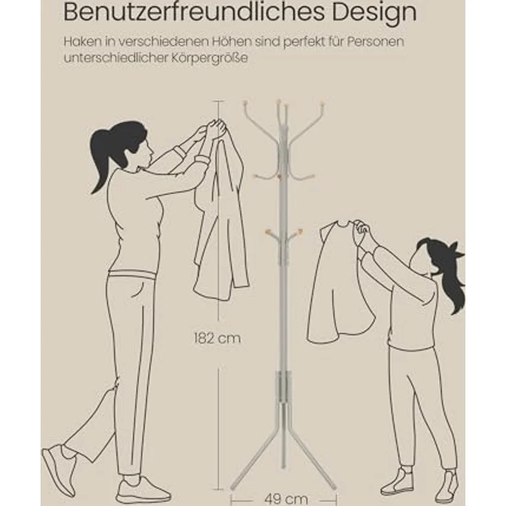 SONGMICS Garderobenständer aus Metall, stabiler Kleiderständer, Garderobe, für Kleidung, Taschen und Hüte, Höhe 182 cm, mit 12 Haken, cappuccinobeige RCR019K01 – Bild 7