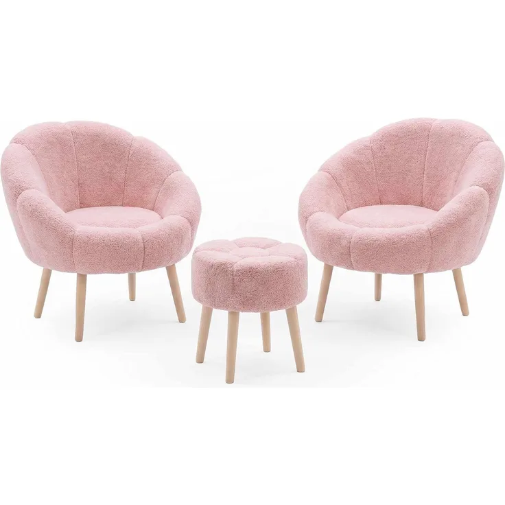Hanah Home Elegantes Ohrensessel- und Pouf-Set (3-teilig), Rosa, 100% Wellssoft-Stoff, 18 mm Melaminplatte | Perfekt für gemütliche Wohnräume