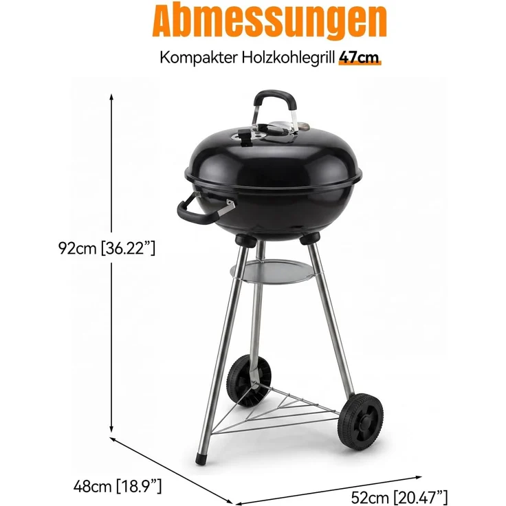 Aoxun Holzkohlegrill, 47cm Kugelgrill mit Thermometer und regulierbarer Luftzufuhr, kratzfeste, emaillierte Grillschale, Ascheauffangbehälter, Rollen und Ablage, für Garten, und Outdoor, schwarz – Bild 7