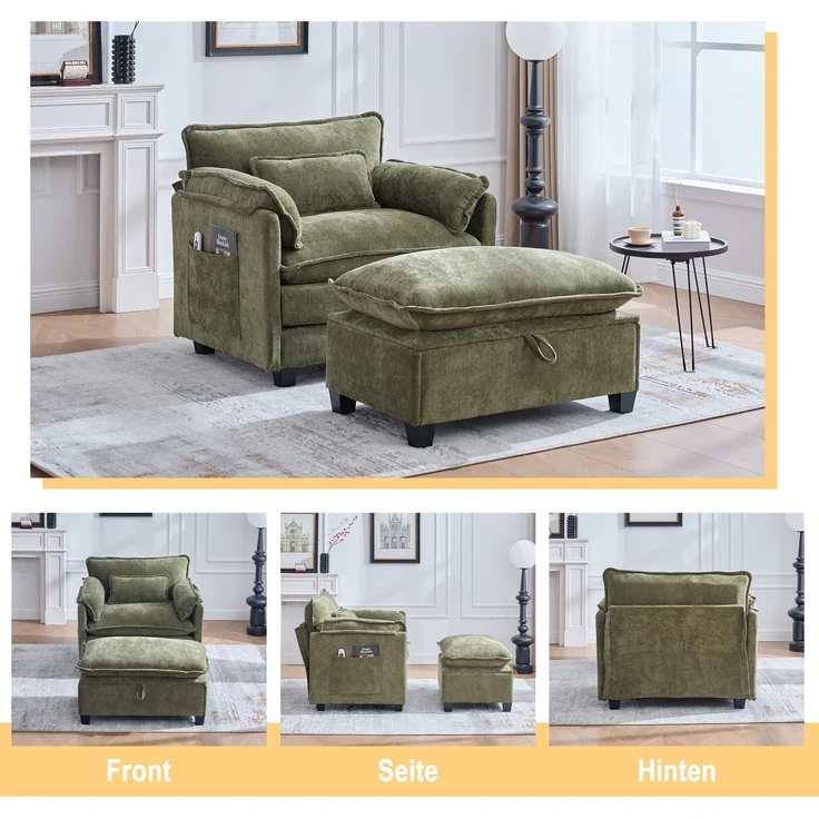 LVHOM Einzelsofa mit Ottomane, Chenille Chaiselongue Sessel mit Seitentasche, Relaxsessel Fernsehsessel Ohrensessel mit Hocker, Olive – Bild 6