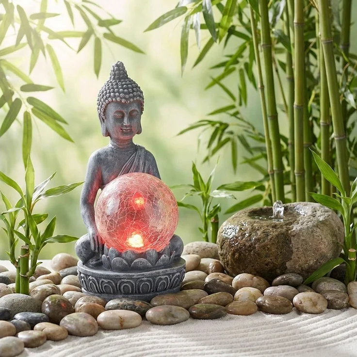 Haushalt International LED Solarleuchte, LED-Leuchtmittel fest verbaut, Farbwechsel, LED Solarleuchte Außenlampe Buddha Figur mit crackle Glaskugel 2er Set – Bild 2