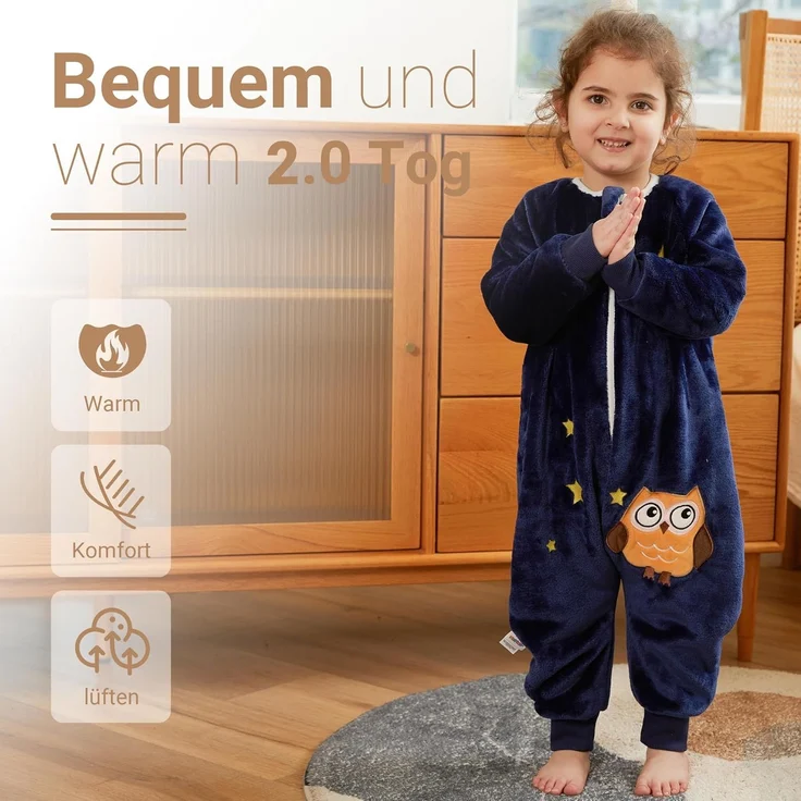 XQ&XG Baby Schlafsack mit Füßen 2.0 Tog,Kinderschlafsack mit langen Ärmeln,Schlafsack Kinder mit Beinen für mädchen und Junge,Eule,130 – Bild 2