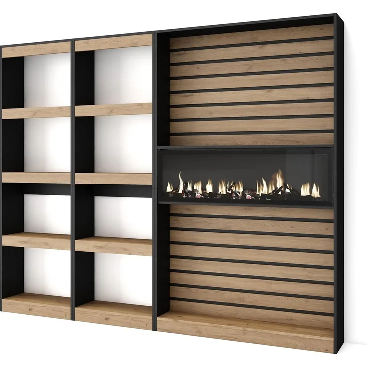 Skraut Home | Bücherregal Bibliothek | Bookshelf, Bookcase | 230 x 186 x 25 cm | Wohnzimmer, Esszimmer, Büro | Elektrokamin | Moderner Stil | Eiche Schwarz