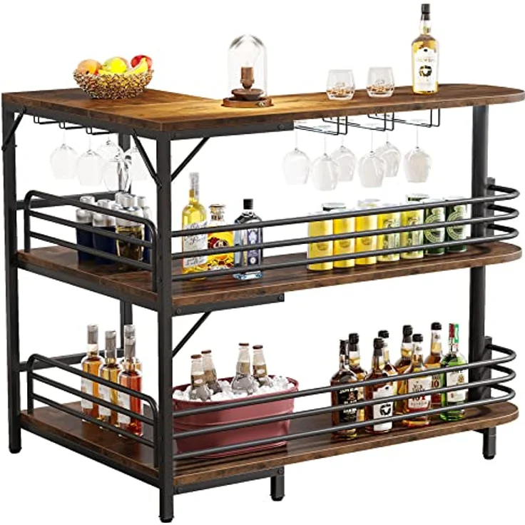LITTLE TREE L-förmige Bar mit 3 Etagen, Likör-Bartisch, Eck-Wein-Barschrank, Mini-Bars für Zuhause, Küche, Pub, rustikales Braun – Bild 1