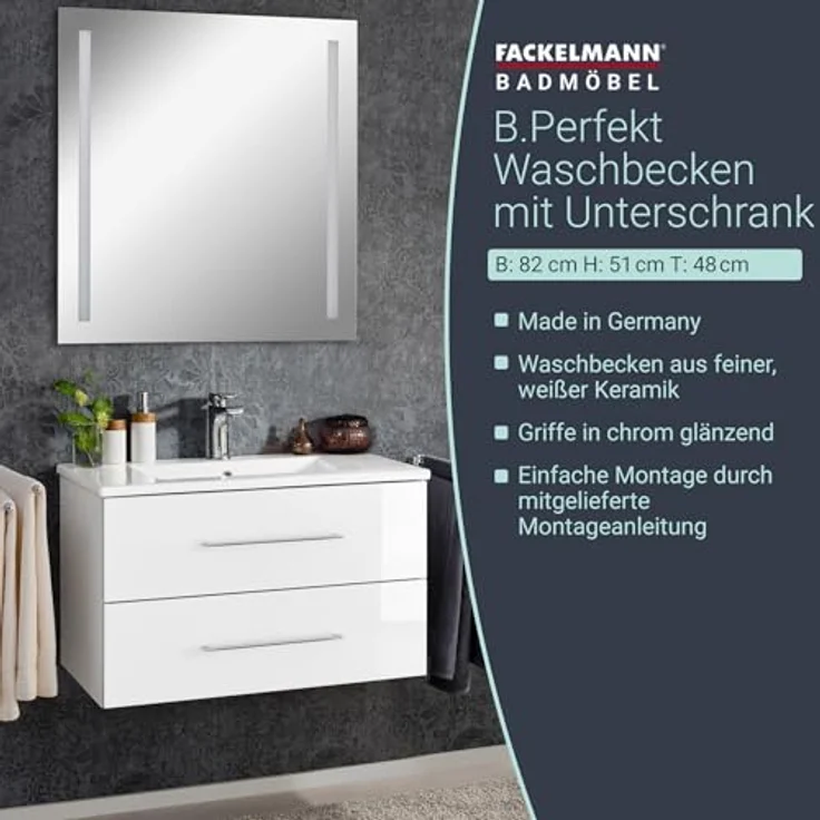 FACKELMANN B.PERFEKT Waschbecken mit Unterschrank 82 cm breit, Weiß, Waschbecken Keramik Weiß – Bild 4