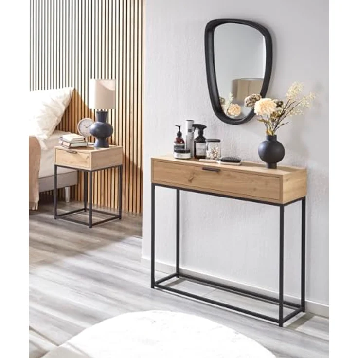 XXXL Nachtschrank Malmö, Schwarz, Eiche, Metall, 1 Schublade, 40x60x40 cm, Schlafzimmer Nachttisch – Bild 11