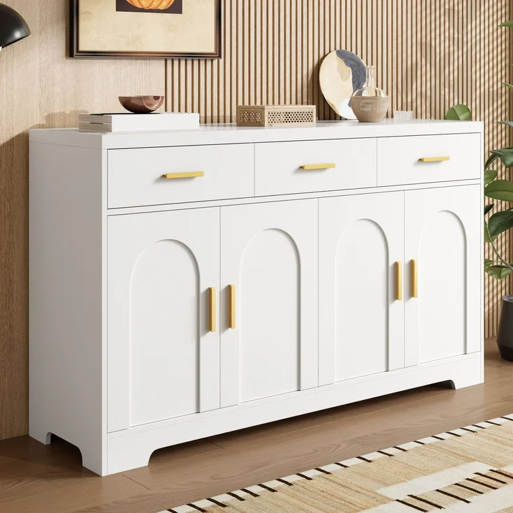 Merax Wohnzimmerschrank, Weiß Sideboard mit vier bogenförmigen Türen, 3 Schubladen, höhenverstellbare Einlegeböden, Korpus aus MDF, goldene Metallgriffe – Bild 2