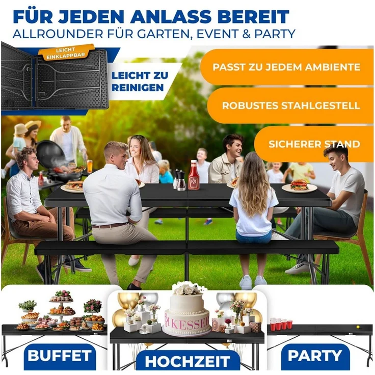 KESSER® Buffettisch Tisch klappbar Kunststoff 183x76 cm Campingtisch Partytisch Klapptisch Gartentisch für Garten, Terrasse und Balkon zusammenklappbar 8 Personen inkl. Tragegriff und Cover Schwarz, 183cm – Bild 3
