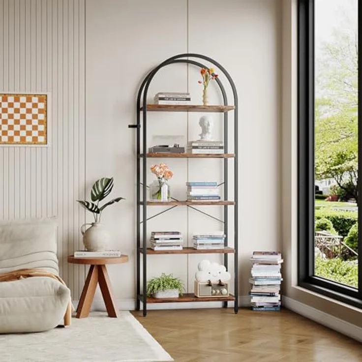 GarveeLife Bücherregal mit 5 Ebenen, 60x28x180cm, Industrielles Gebogenes Bücherregal mit Offenen Regalen für Zuhause, Büro, Wohnzimmer, Schlafzimmer, braun – Bild 6
