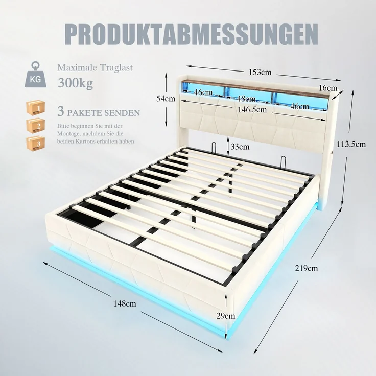 LVHOM Doppelbett 140x200cm mit LED&USB, Polsterbett mit hydraulischem Stauraum, Samtstoff, Beige – Bild 7