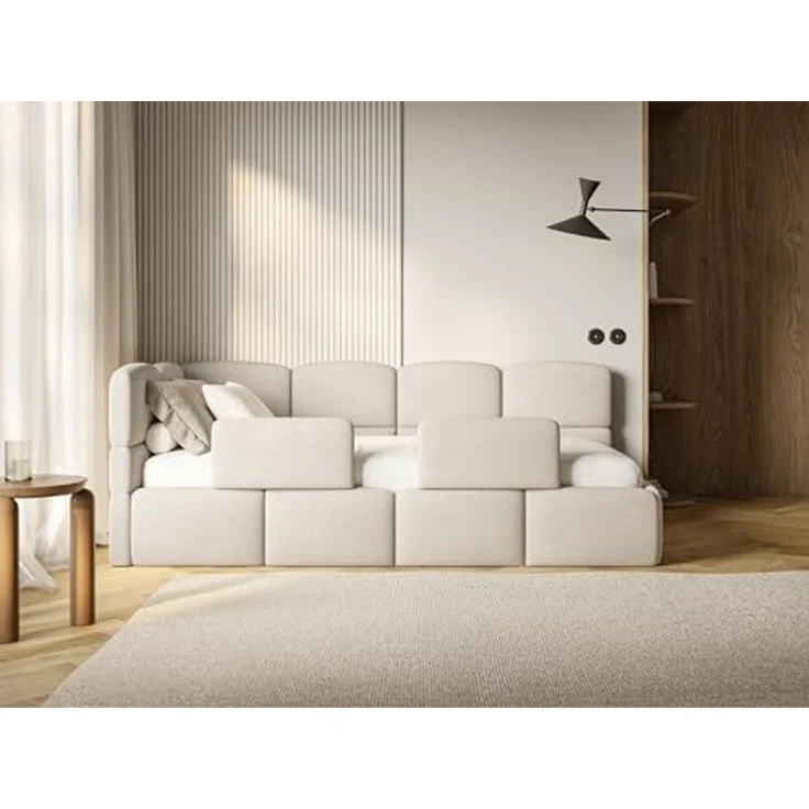 Selsey 'Cloudy' Kinderbett 120 cm, Bettkasten, 2x Rausfallschutz, Chenille, links, Creme – Bild 2
