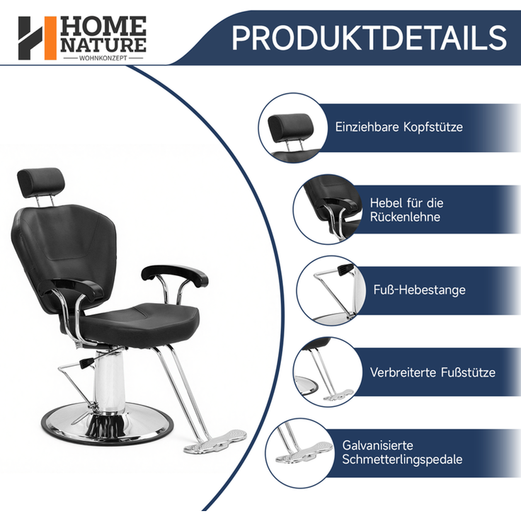 HOME NATURE WOHNKONZEPT Friseurstuhl hydraulisch, Barberstuhl höhenverstellbar, 360° drehbar, mit verstellbarer Kopfstütze, Kunstleder, Schwarz – Bild 4