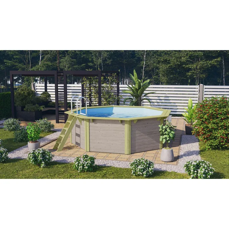 Achteck-Pool X1 400x400 cm Holz wassergrau, Set mit Filter+Skimmer, Karibu