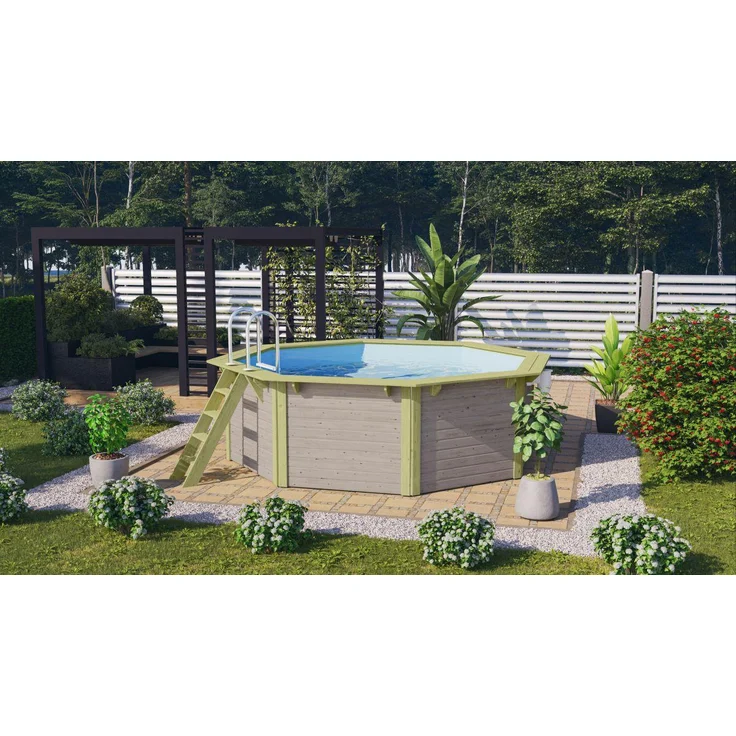 Achteck-Pool X1 400x400 cm Holz wassergrau, Set mit Filter+Skimmer, Karibu