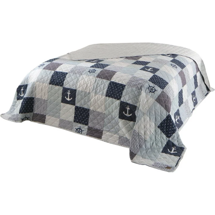 Delindo Lifestyle Bettüberwurf Patchwork maritim Anker blau, Patchwork – Bild 5