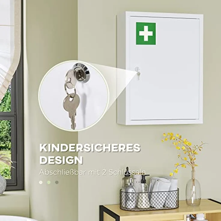 Kleankin Medizinschrank Apothekerschrank mit 3 Fächern (Erste Hilfe Schrank, 1-St, Medikamentenschrank) Stahl, Weiß, 40 x 15 x 53,5 cm – Bild 5