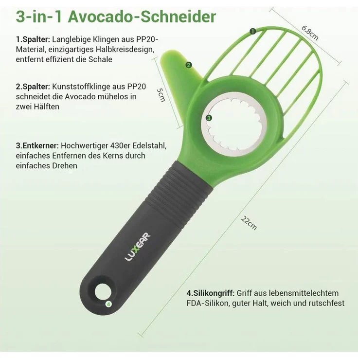 Elegear Obstschneider 3-in-1 Avocadoschneider mit weichem Griff Grün, multifunktionaler, (1-tlg), rutschfeste Griffe, Geeignet für Kiwi und Avocado, Tragbar – Bild 2