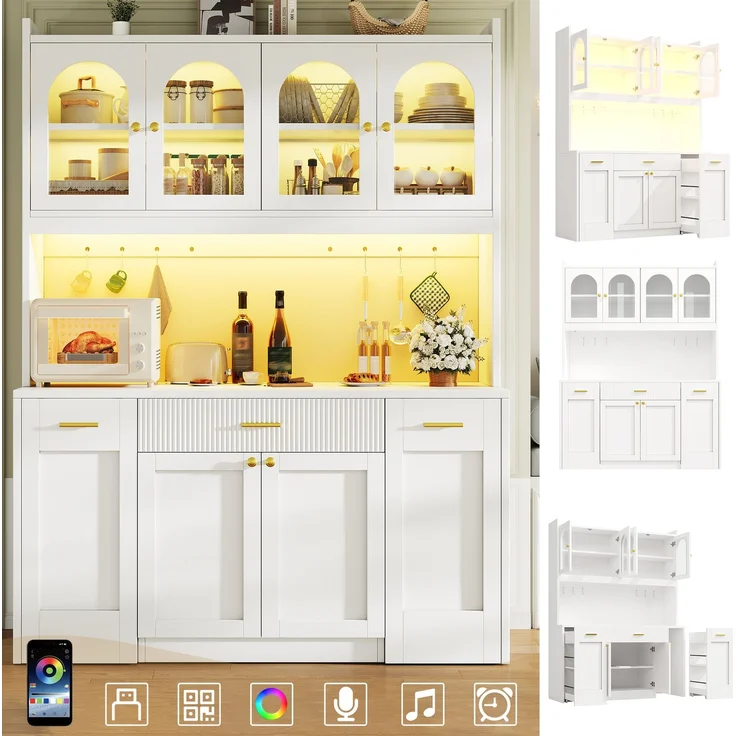 Hochküchenschrank 120cm mit RGB-LED, App-Steuerung, 3 Glasvitrinen, Schubkästen & beidseitigen Roll-Ablagen, Weiß/Schwarz – Bild 3