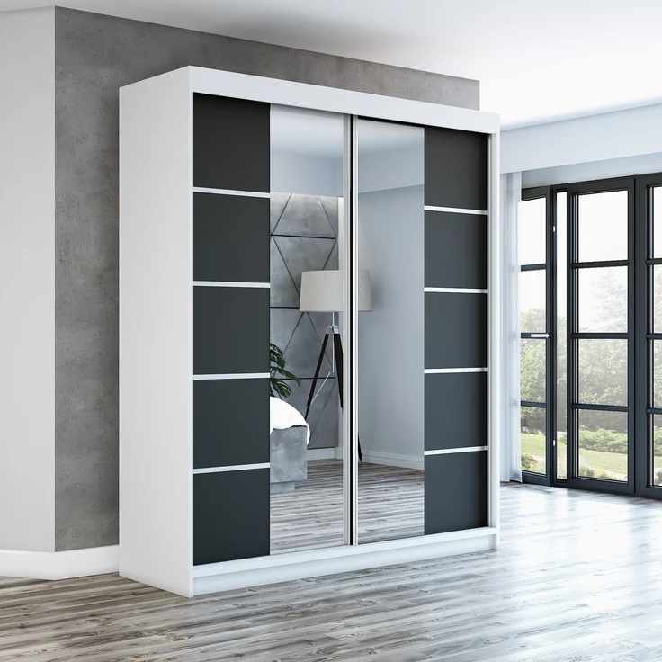 Schwebetürenschrank ERA 2-türig Schrank 180 cm (mit Spiegel) Farbe: Weiß , schwarz – Bild 2