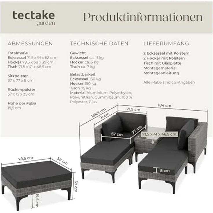 tectake Loungeset Rattan Lounge, (Set, 5-tlg), Stabiles Gestell aus leichtem und rostfreiem Aluminium – Bild 6