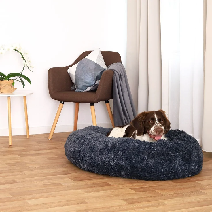 lionto Donut Hundebett, rundes Hundesofa mit Plüschbezug & Anti-Rutsch-Noppen, weich & gemütlich, 100 cm Durchmesser, dunkelgrau – Bild 3